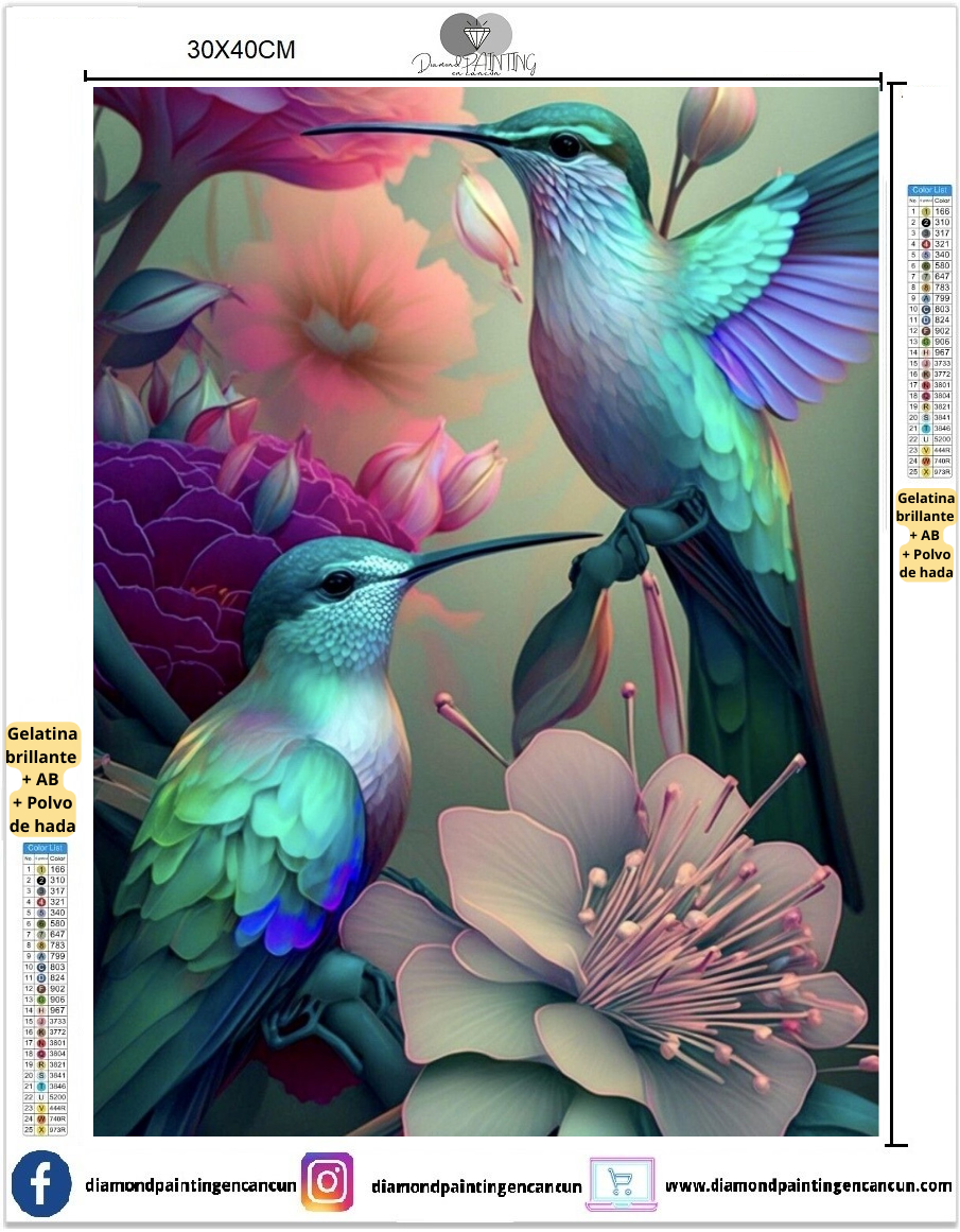 Colibríes 30 x 40cm contiene DIAMANTE GELATINA BRILLANTE EN LA OSCURIDAD, AB Y POLVO DE HADA