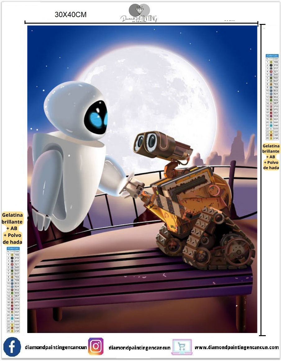 Wall-e & Eva 30 x 40 contiene Diamante gelatina brillante en la oscuridad, ab y polvo de hada