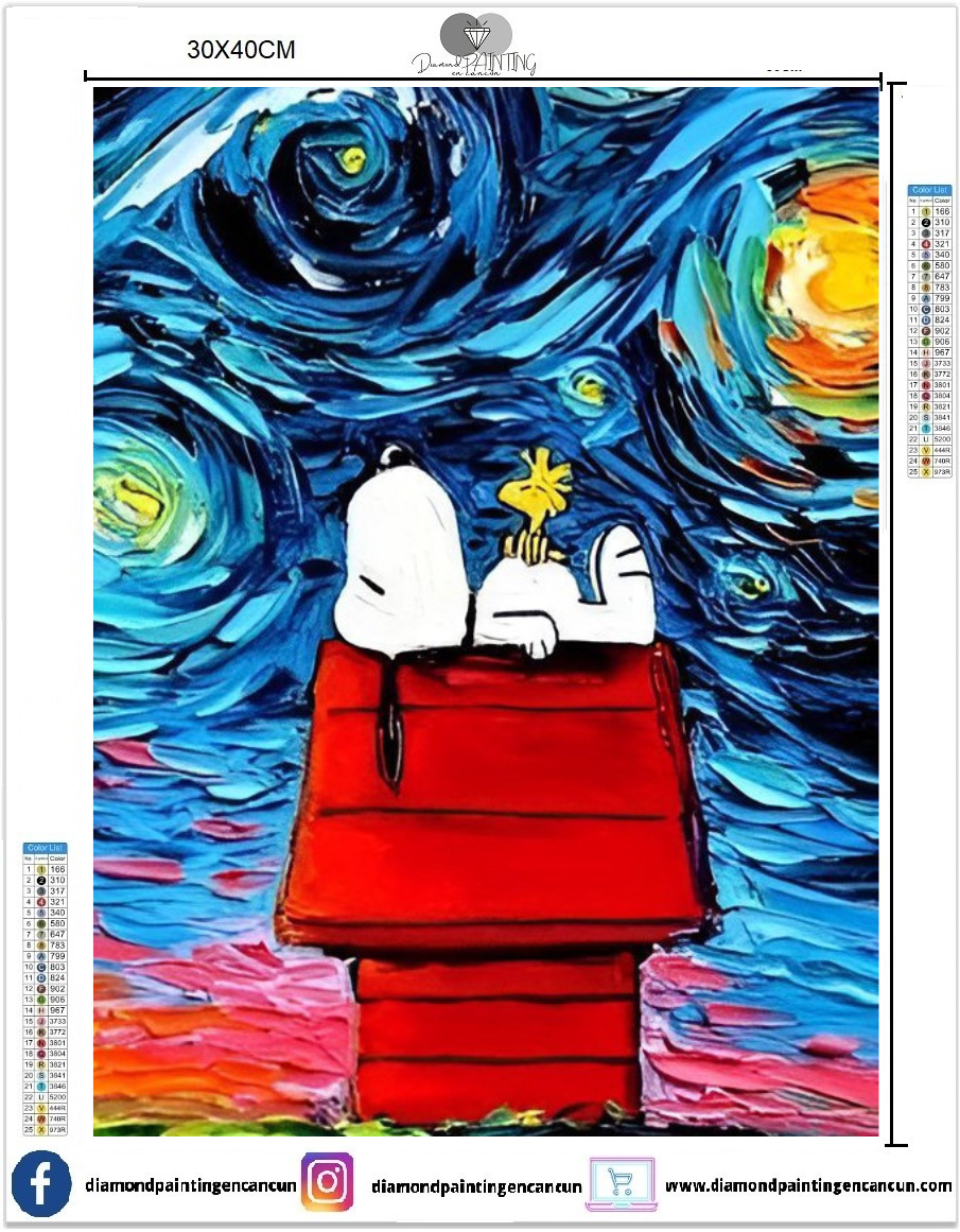 Snoopy noche estrellada 30 x 40 contiene DIAMANTES GELATINA, AB Y POLVO DE HADA