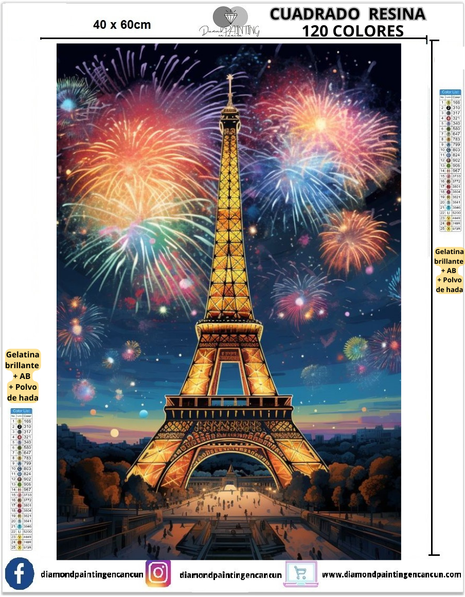 Torre eifell 40 x 60 Contiene 120 DIAMANTES DE RESINA: GELATINA BRILLANTE EN LA OSCURIDAD, AB Y POLVO DE HADA