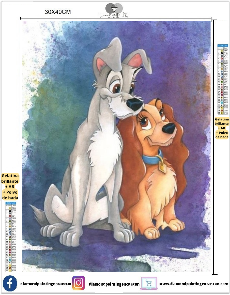 Dama y Vagabundo 30 x 40 contiene DIAMANTE GELATINA BRILLANTE EN LA OSCURIDAD, AB Y POLVO DE HADA