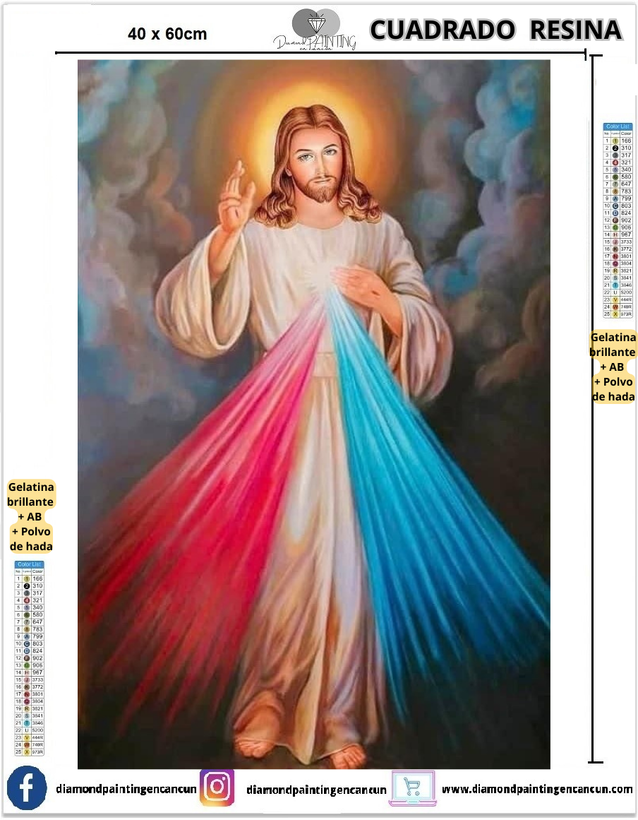 Jesus milagroso 40 x 60 Contiene DIAMANTES DE RESINA: GELATINA BRILLANTE EN LA OSCURIDAD, AB Y POLVO DE HADA