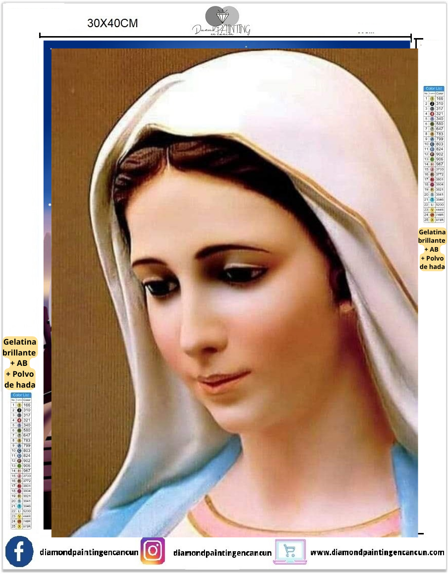 Rostro virgen 30 x 40cm contiene DIAMANTES GELATINA, AB Y POLVO DE HADA