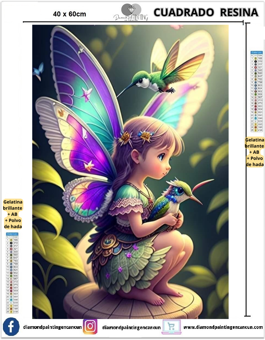 Hada con colibries 40 x 60 Contiene DIAMANTES DE RESINA: GELATINA BRILLANTE EN LA OSCURIDAD, AB Y POLVO DE HADA