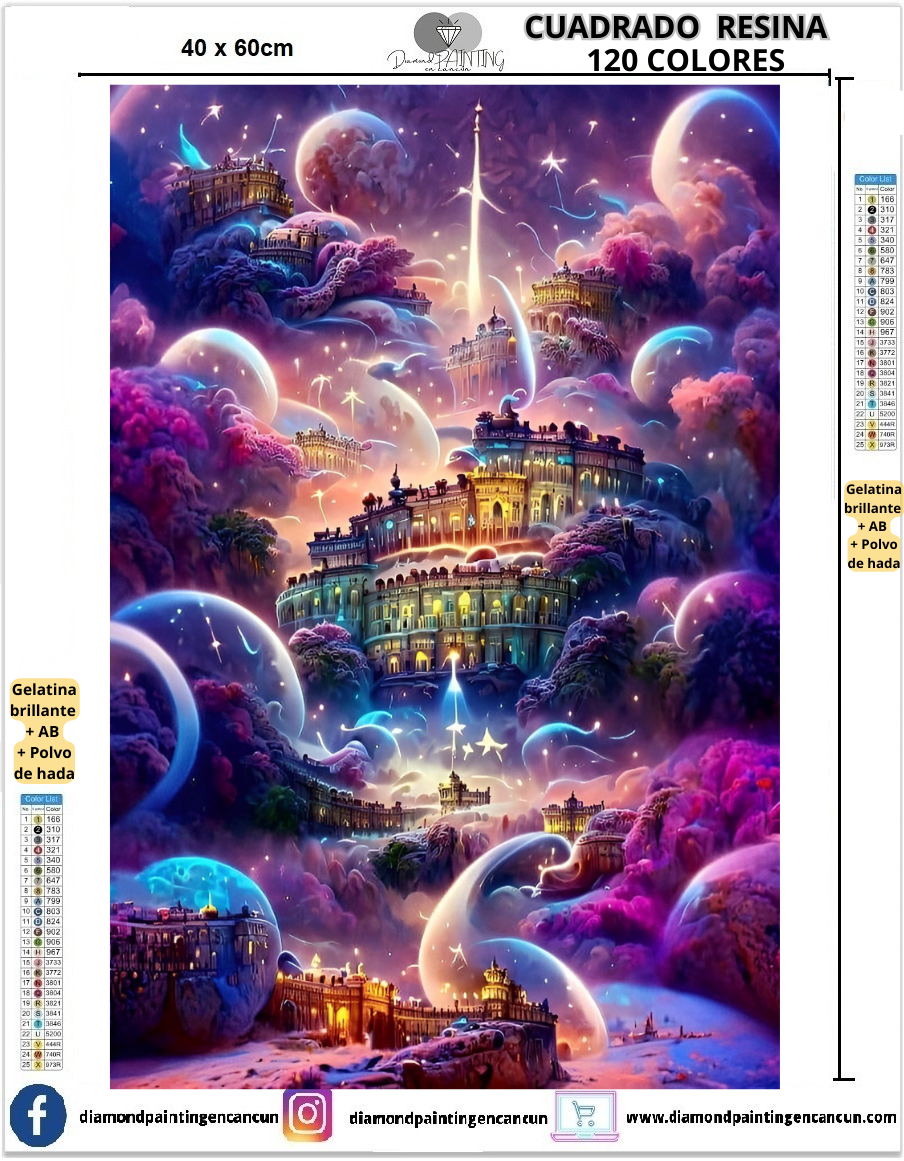Paisaje Fantasía 40 x 60 Contiene 120 DIAMANTES DE RESINA: GELATINA BRILLANTE EN LA OSCURIDAD, AB Y POLVO DE HADA