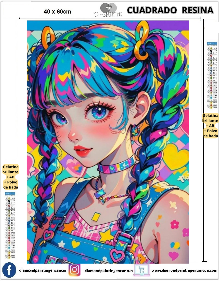 Chica colorida 40 x 60 Contiene DIAMANTES DE RESINA: GELATINA BRILLANTE EN LA OSCURIDAD, AB Y POLVO DE HADA