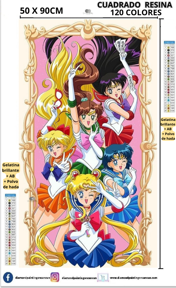 Sailor Moon 50 x 90 Contiene 120 DIAMANTES DE RESINA: GELATINA BRILLANTE EN LA OSCURIDAD, AB Y POLVO DE HADA