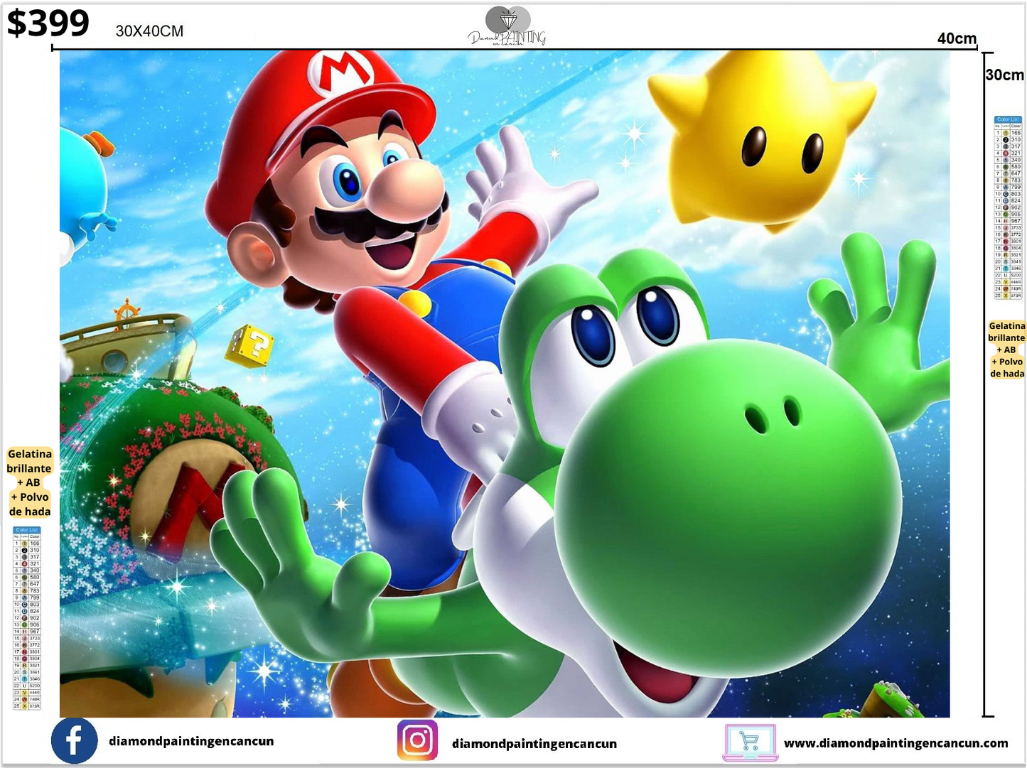 Mario 30 x 40 incluye DIAMANTES GELATINA BRILLANTE EN LA OSCURIDAD, AB Y POLVO DE HADA