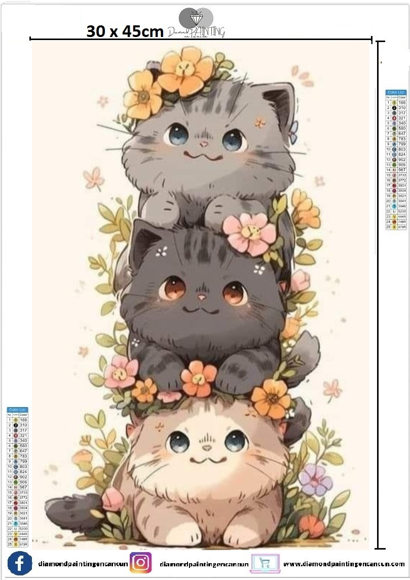 3 gatitos 30 x 45 contiene Diamante gelatina brillante en la oscuridad, ab y polvo de hada