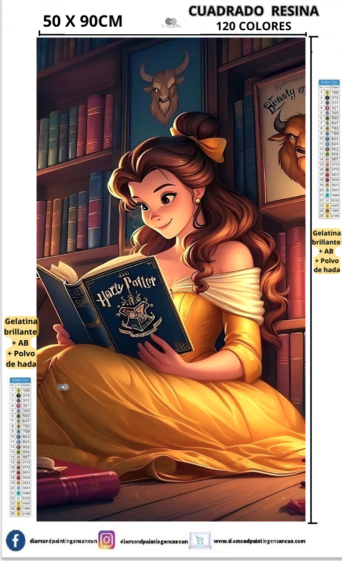 Bella 50 x 90 Contiene 120 DIAMANTES DE RESINA: GELATINA BRILLANTE EN LA OSCURIDAD, AB Y POLVO DE HADA.