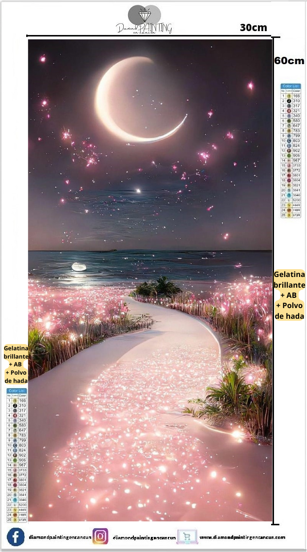 paisaje playa rosa 30 x 60cm contiene DIAMANTE GELATINA BRILLANTE EN LA OSCURIDAD, AB Y POLVO DE HADA