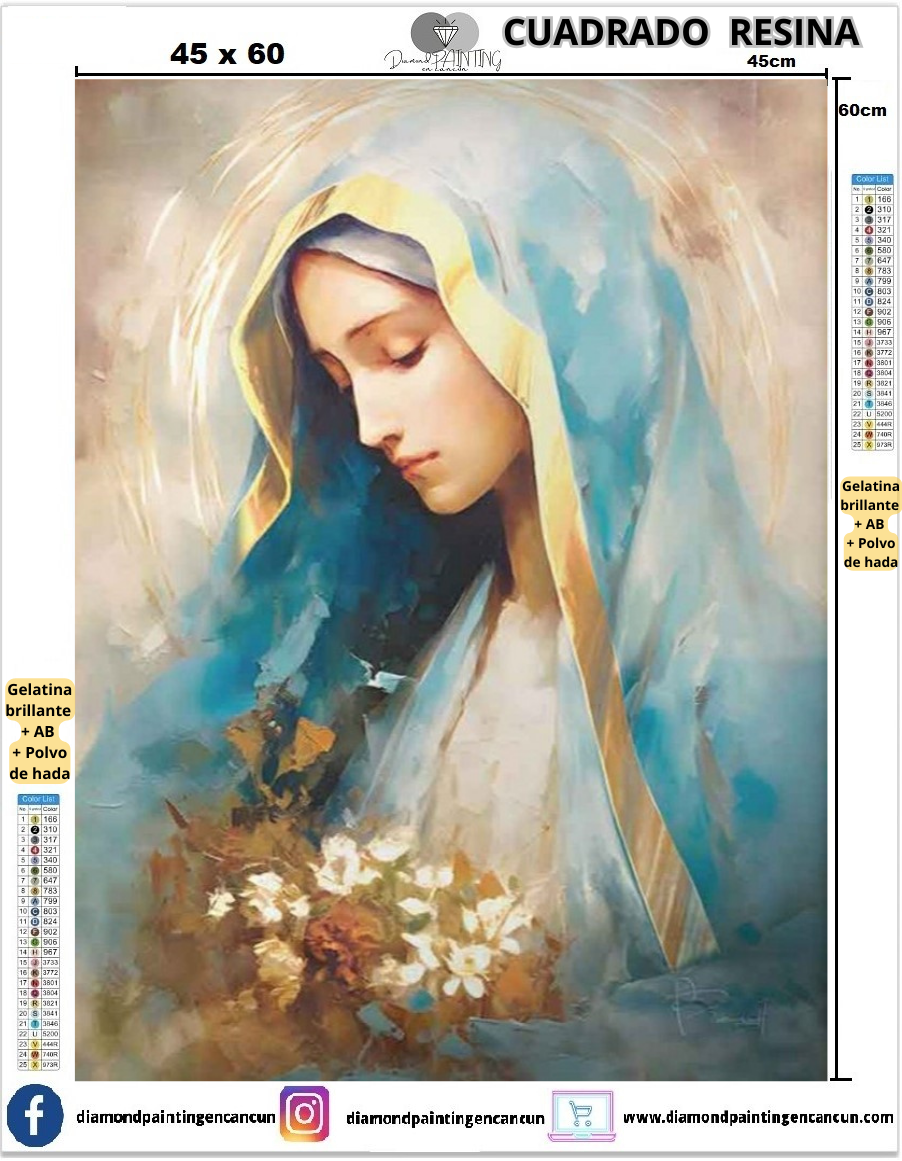 Virgen con flores 45 x 60 Contiene DIAMANTES DE RESINA: GELATINA BRILLANTE EN LA OSCURIDAD, AB Y POLVO DE HADA