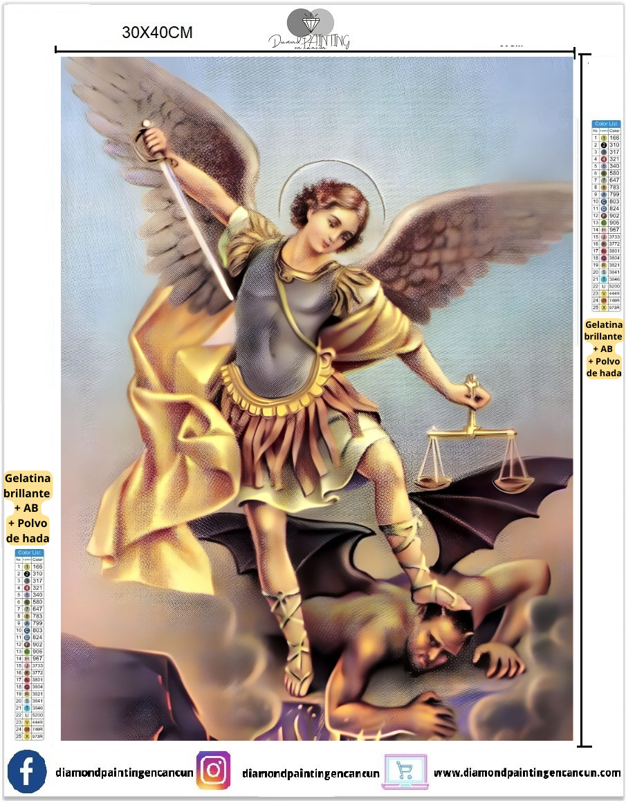 Arcángel San Miguel 30 x 40cm contiene DIAMANTE GELATINA BRILLANTE EN LA OSCURIDAD, AB Y POLVO DE HADA