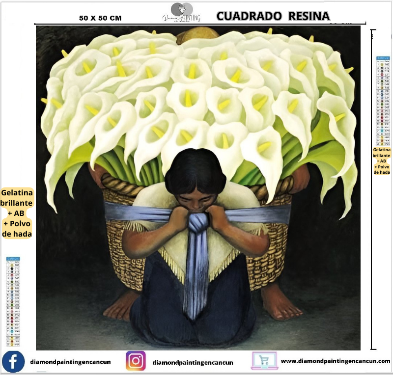 Vendedora de flores 50 x 50cm Contiene DIAMANTES DE RESINA: GELATINA BRILLANTE EN LA OSCURIDAD, AB Y POLVO DE HADA