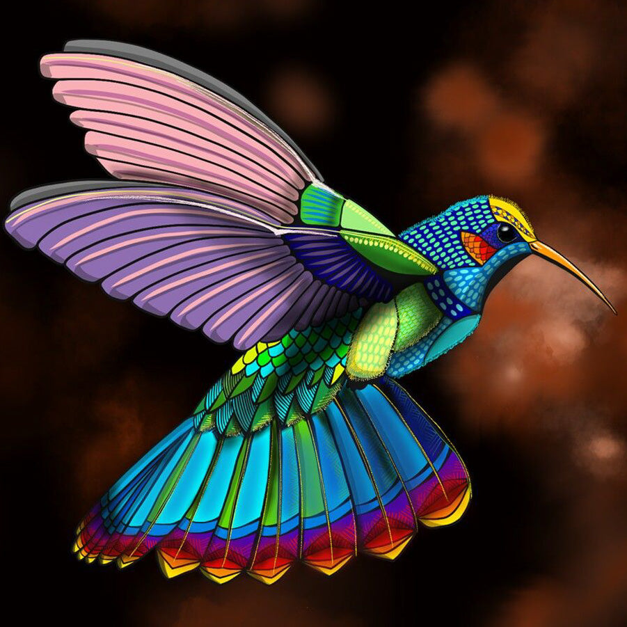 Colibrí 40 x 40cm Contiene DIAMANTES DE RESINA: GELATINA BRILLANTE EN LA OSCURIDAD, AB Y POLVO DE HADA