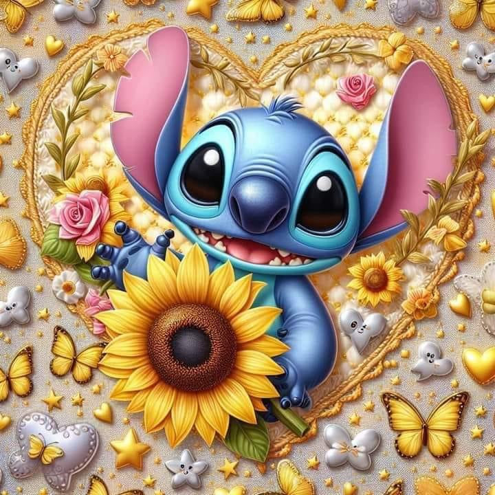 Stitch con girasol 40 x 40 contiene Diamante gelatina brillante en la oscuridad, ab y polvo de hada