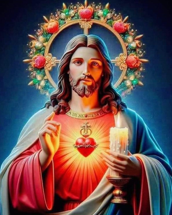 Sagrado corazon 40 x 50cm Contiene DIAMANTES DE RESINA: GELATINA BRILLANTE EN LA OSCURIDAD, AB Y POLVO DE HADA