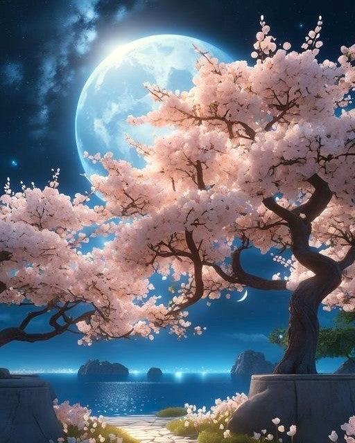 Árbol y luna 40 x 50 contiene Diamante gelatina brillante en la oscuridad, ab y polvo de hada