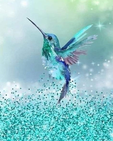 Colibrí 40 x 50 Contiene DIAMANTES DE RESINA: GELATINA BRILLANTE EN LA OSCURIDAD, AB Y POLVO DE HADA