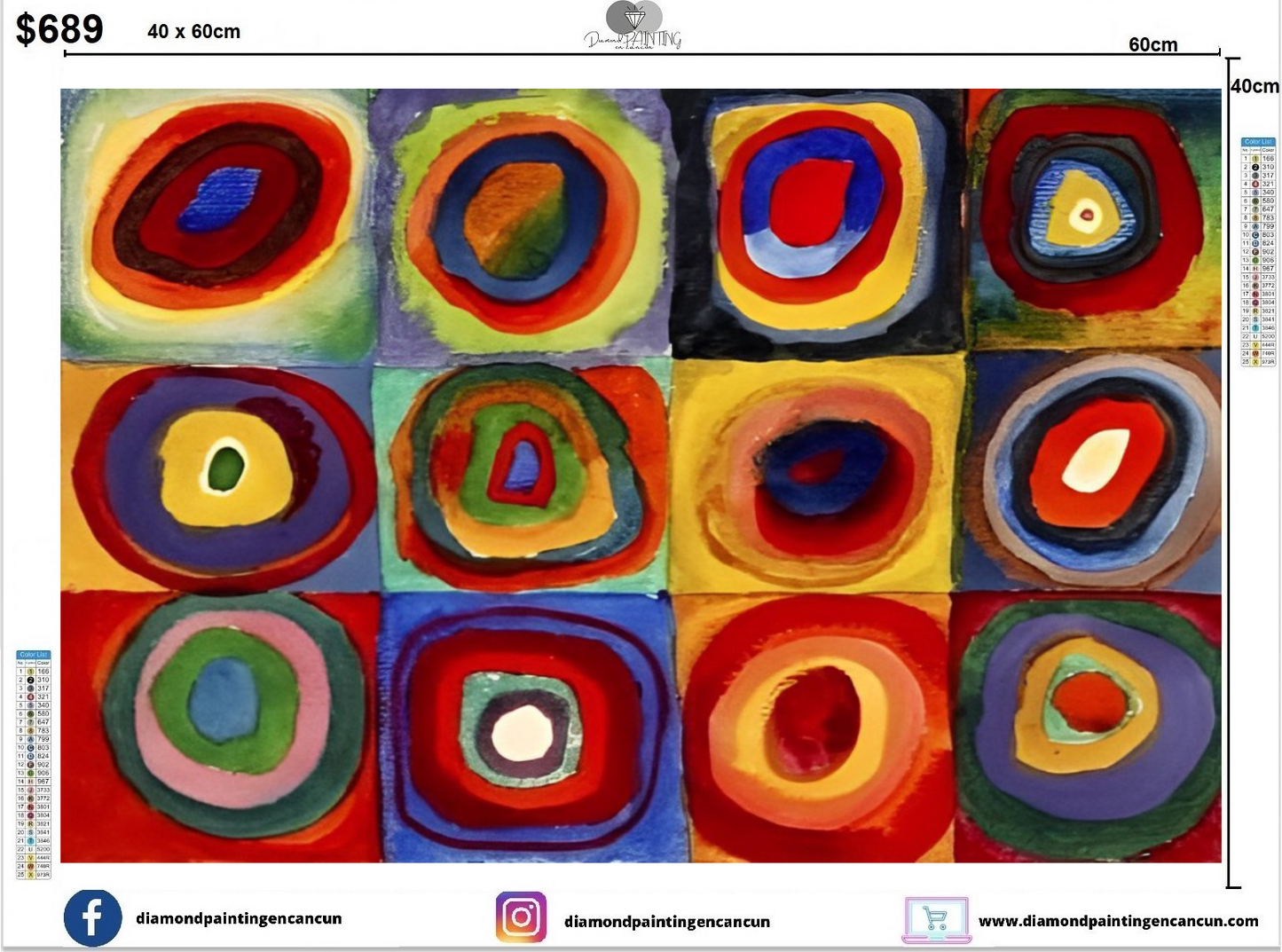 Cuadrados y círculos concéntricos Kandinsky 40 x 60cm Amedás incluye algunos Diamantes AB