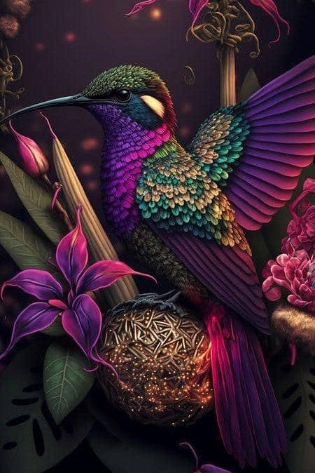 Colibrí morado 40 x 60cm Contiene DIAMANTES DE RESINA: GELATINA BRILLANTE EN LA OSCURIDAD, AB Y POLVO DE HADA