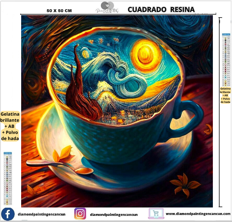 taza con noche estrellada 50 x 50 Contiene DIAMANTES DE RESINA: GELATINA BRILLANTE EN LA OSCURIDAD, AB Y POLVO DE HADA