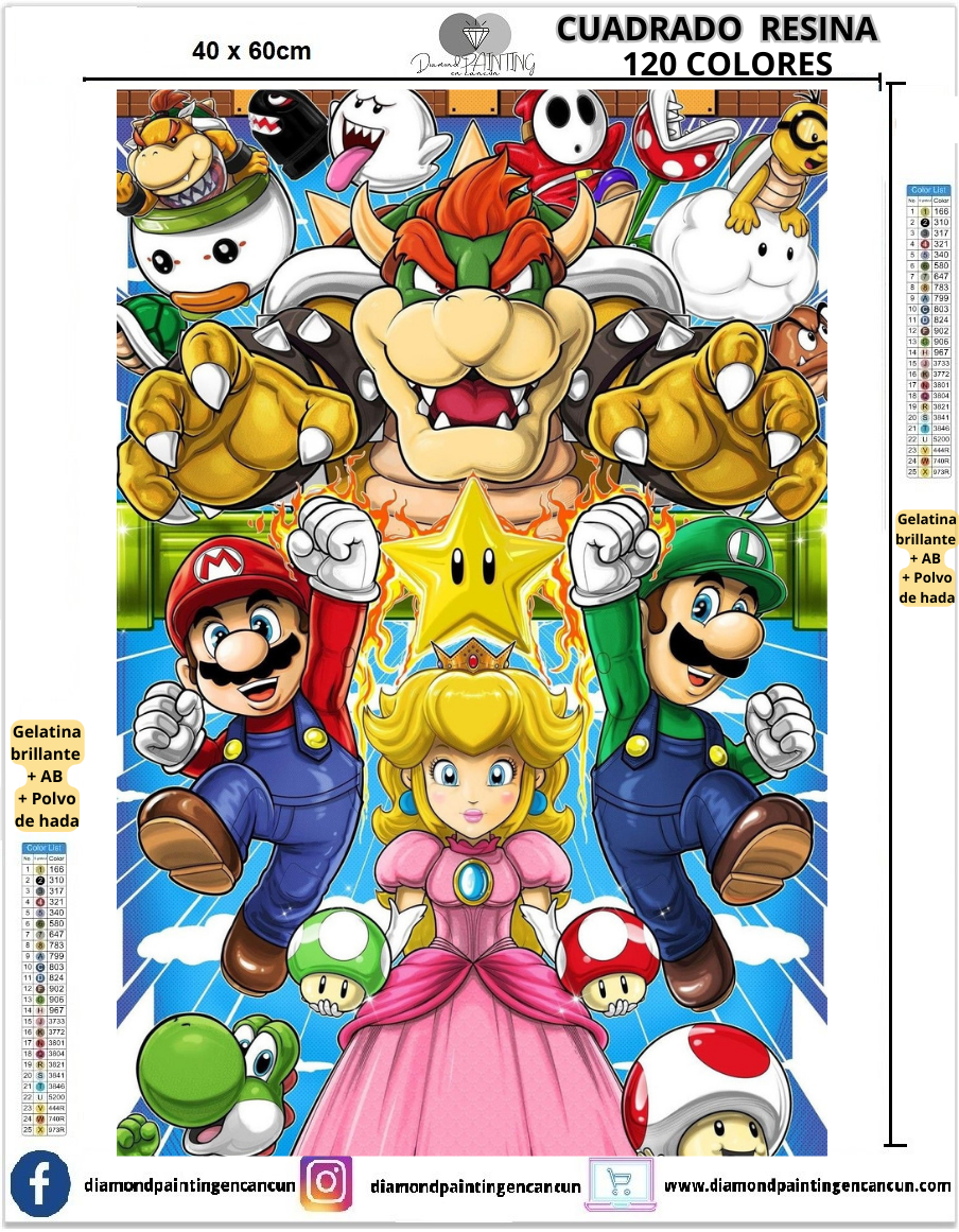 Mario Bros 40 x 60 Contiene 120 DIAMANTES DE RESINA: GELATINA BRILLANTE EN LA OSCURIDAD, AB Y POLVO DE HADA