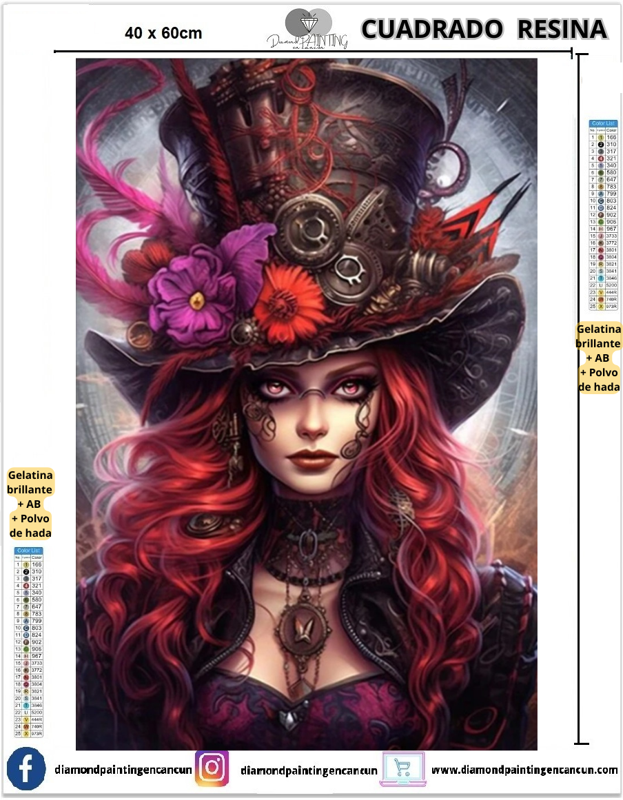 Chica sombrero 40 x 60 Contiene DIAMANTES DE RESINA: GELATINA BRILLANTE EN LA OSCURIDAD, AB Y POLVO DE HADA