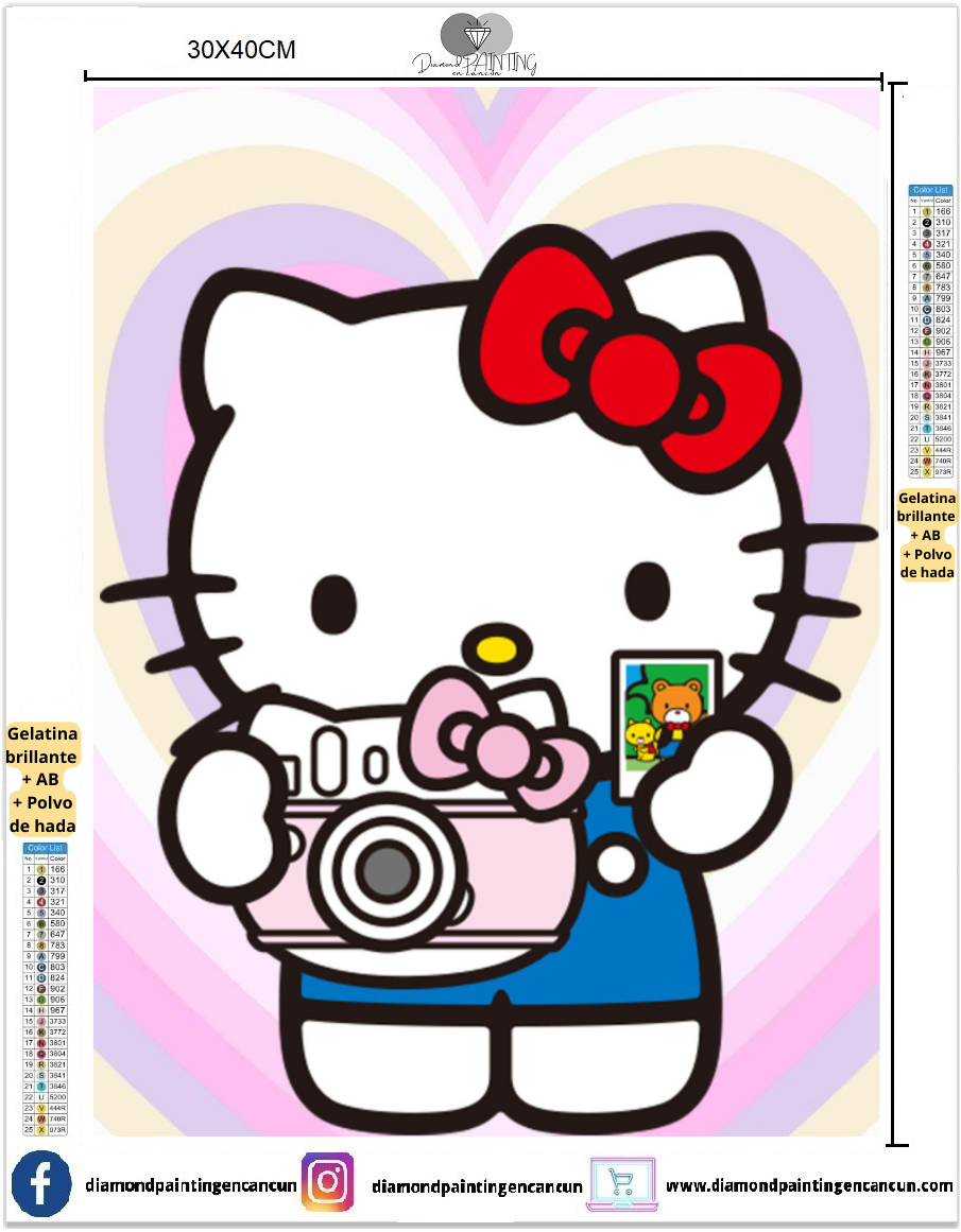 Kitty 30 x 40cm Contiene DIAMANTE RESINA GELATINA BRILLANTE EN LA OSCURIDAD, AB Y POLVO DE HADA