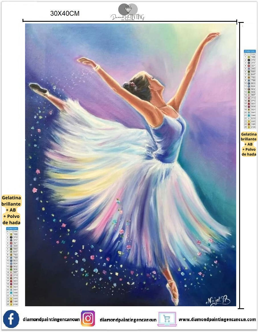 Bailarina 30 x 40cm contiene DIAMANTE GELATINA BRILLANTE EN LA OSCURIDAD, AB Y POLVO DE HADA