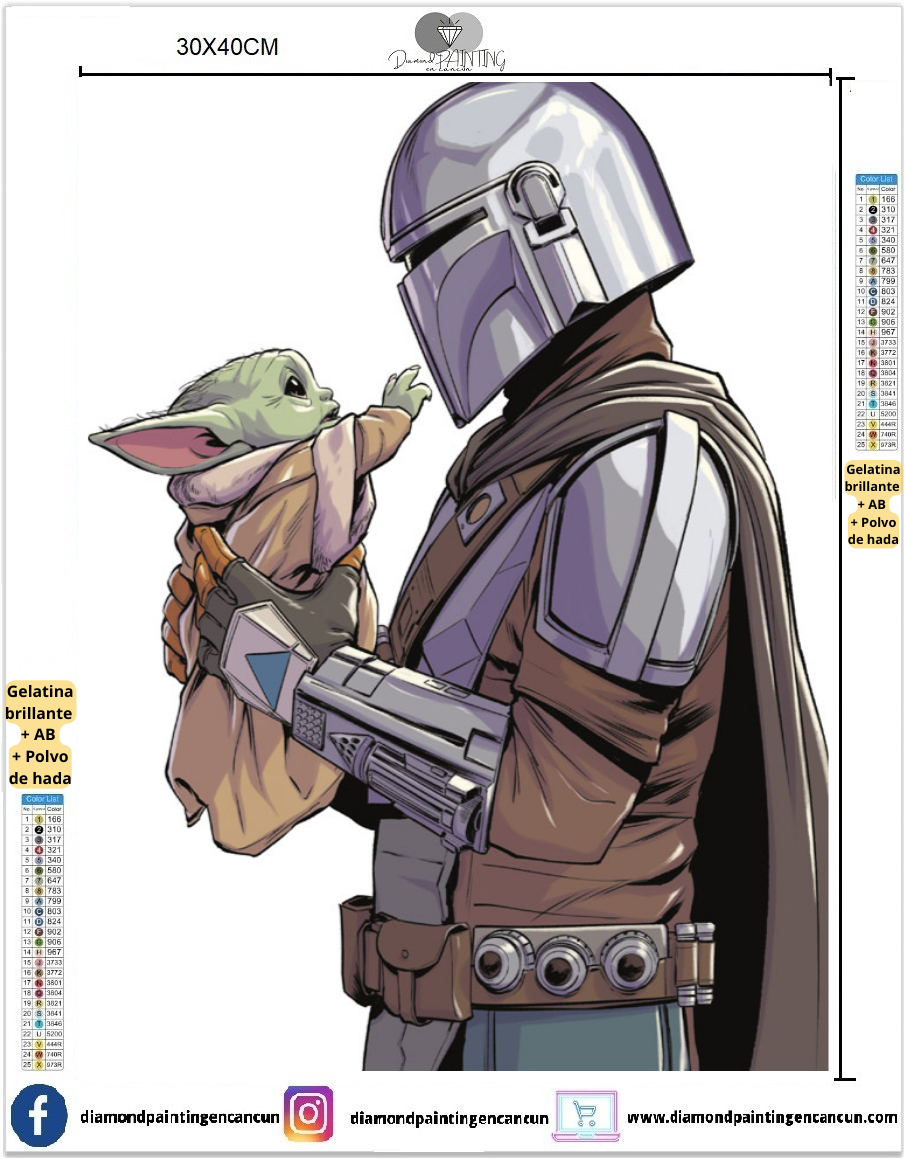 Mando y baby yoda 30 x 40cm contiene DIAMANTES GELATINA, AB Y POLVO DE HADA