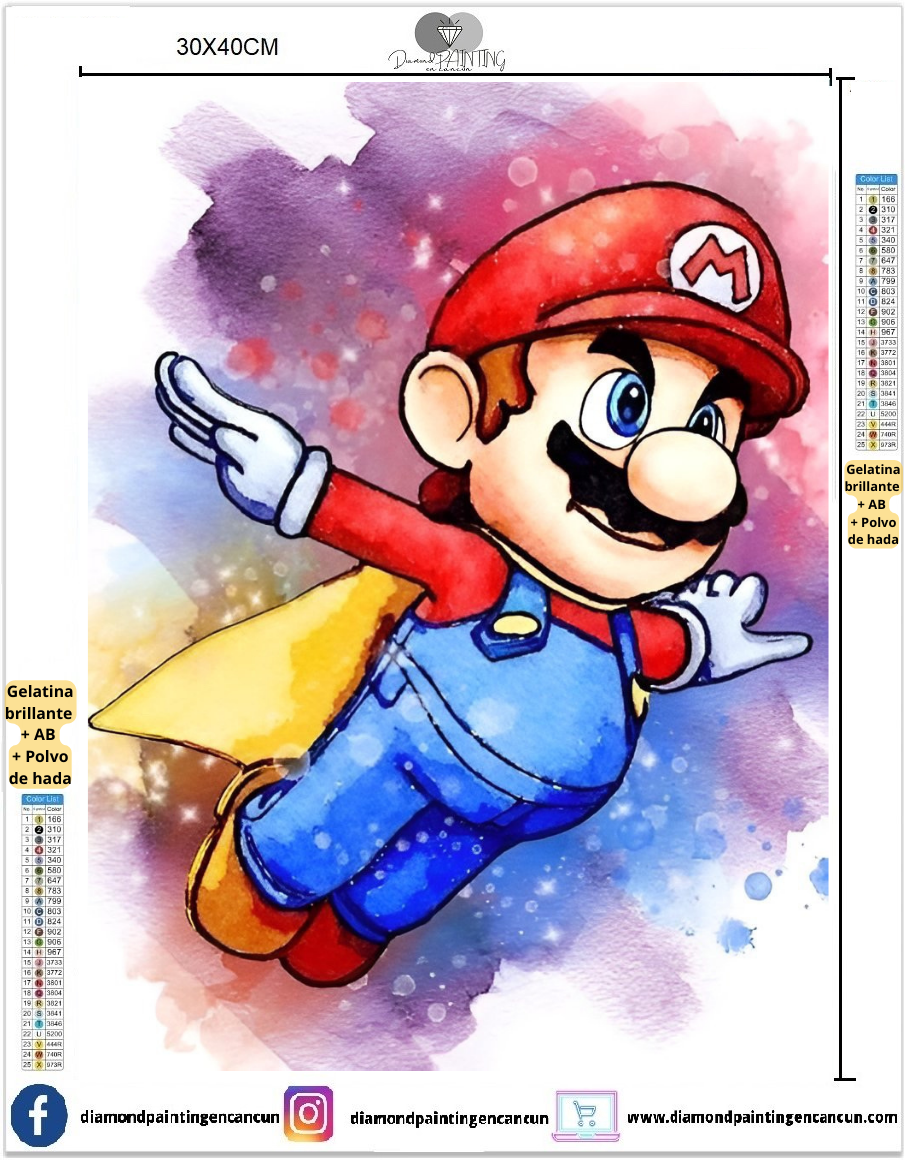 Mario bross 30 x 40cm contiene DIAMANTE GELATINA BRILLANTE EN LA OSCURIDAD, AB Y POLVO DE HADA
