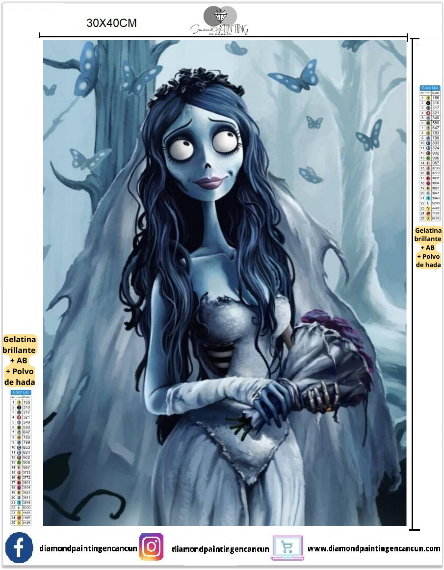 El cadáver de la novia 30 x 40 contiene DIAMANTE GELATINA BRILLANTE EN LA OSCURIDAD, AB Y POLVO DE HADA