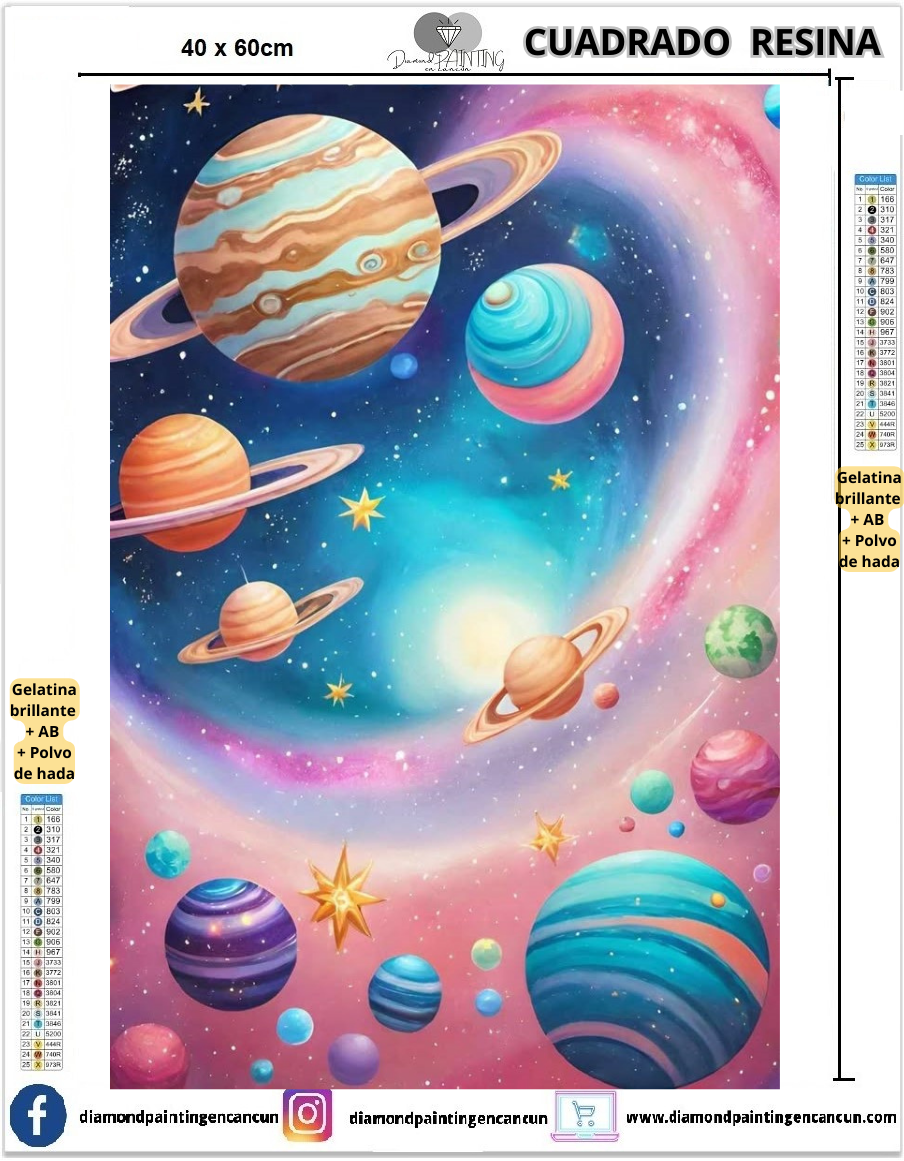 Planetas 40 x 60 Contiene DIAMANTES DE RESINA: GELATINA BRILLANTE EN LA OSCURIDAD, AB Y POLVO DE HADA