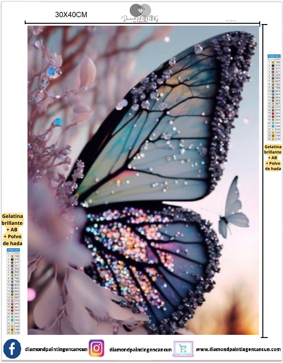 Mariposa 30 x 40 contiene DIAMANTE GELATINA BRILLANTE EN LA OSCURIDAD, AB Y POLVO DE HADA