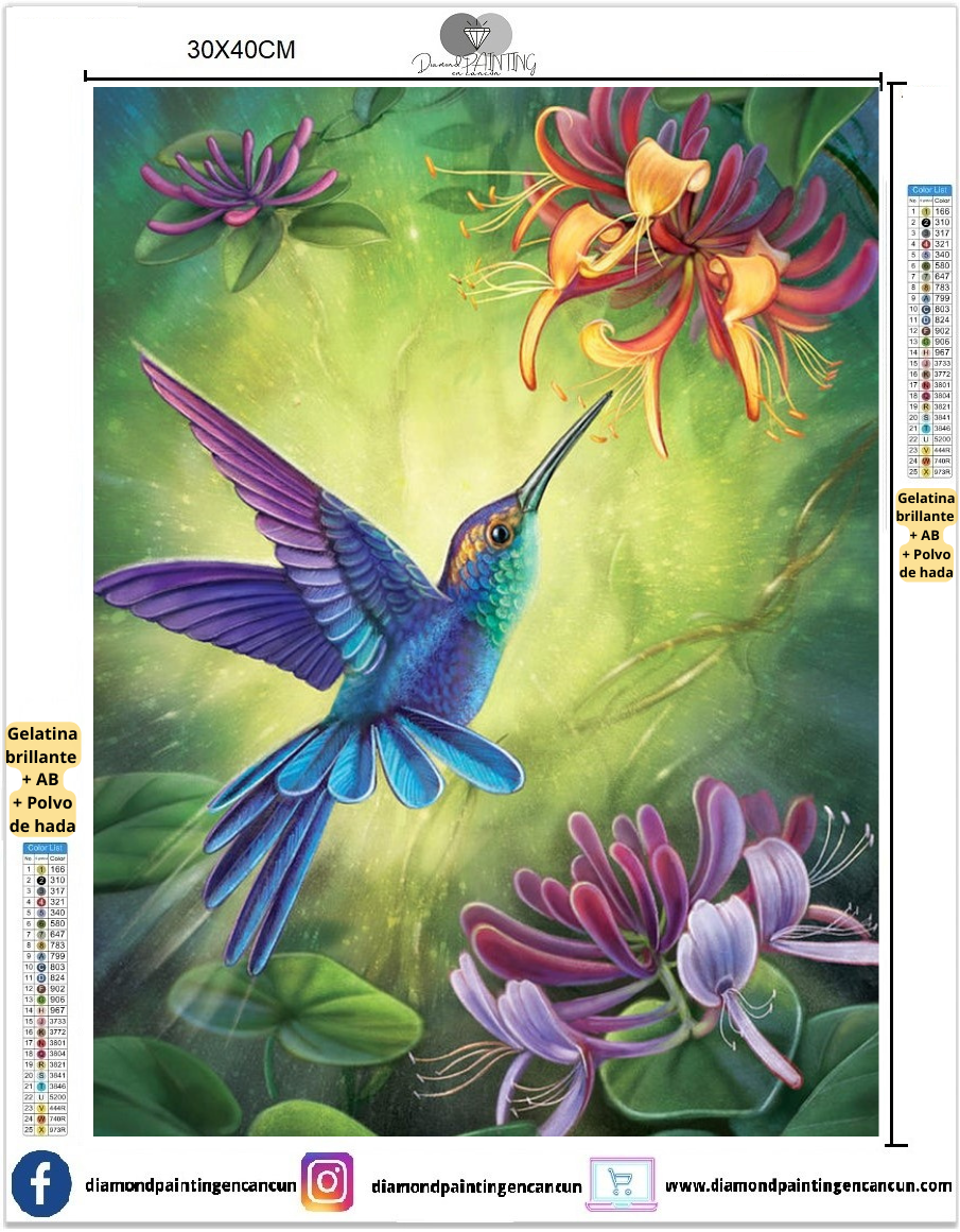 Colibrí 30 x 40 contiene DIAMANTE GELATINA BRILLANTE EN LA OSCURIDAD, AB Y POLVO DE HADA