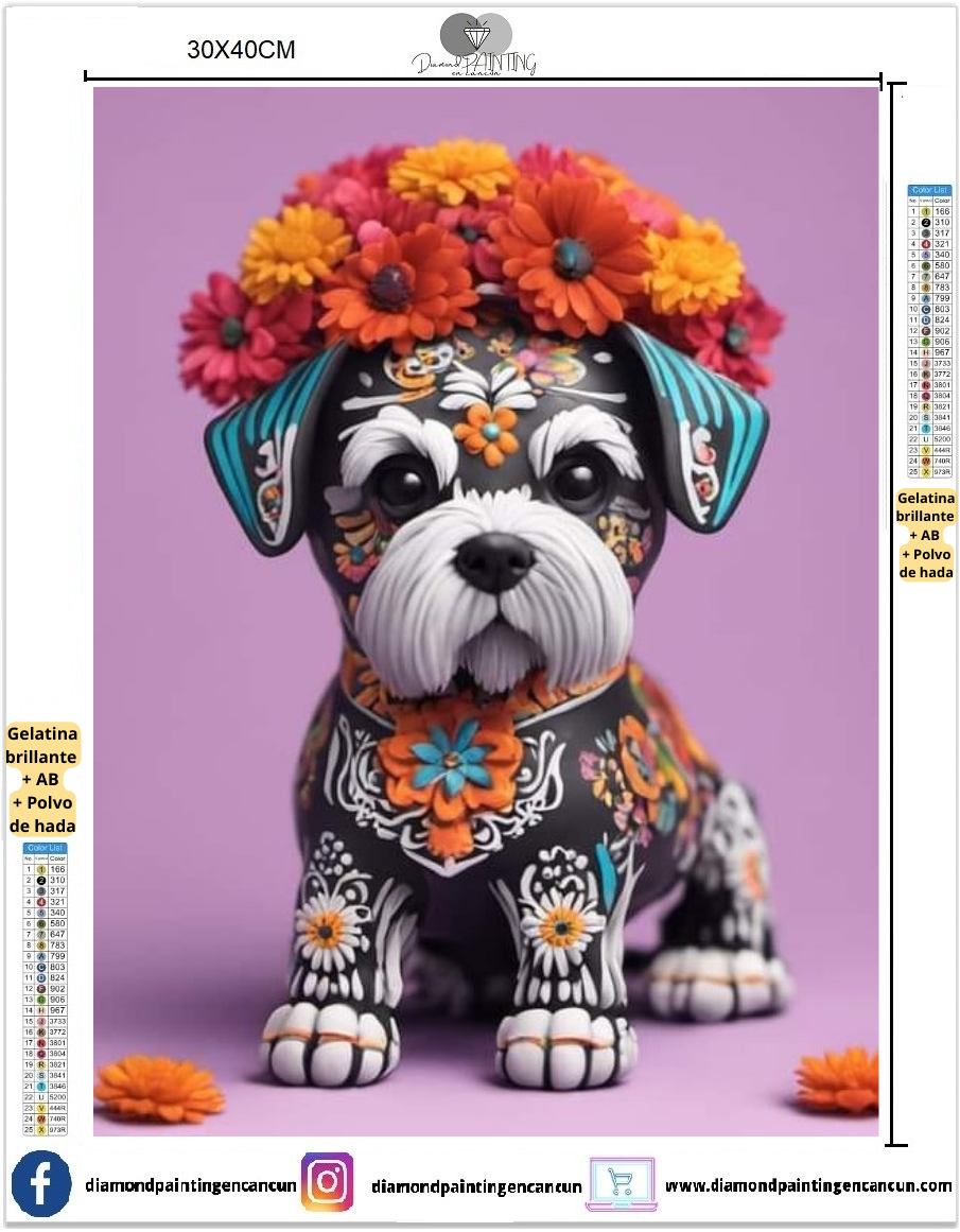 Perrito Schnauzer 30 x 40cm contiene DIAMANTE GELATINA BRILLANTE EN LA OSCURIDAD, AB Y POLVO DE HADA