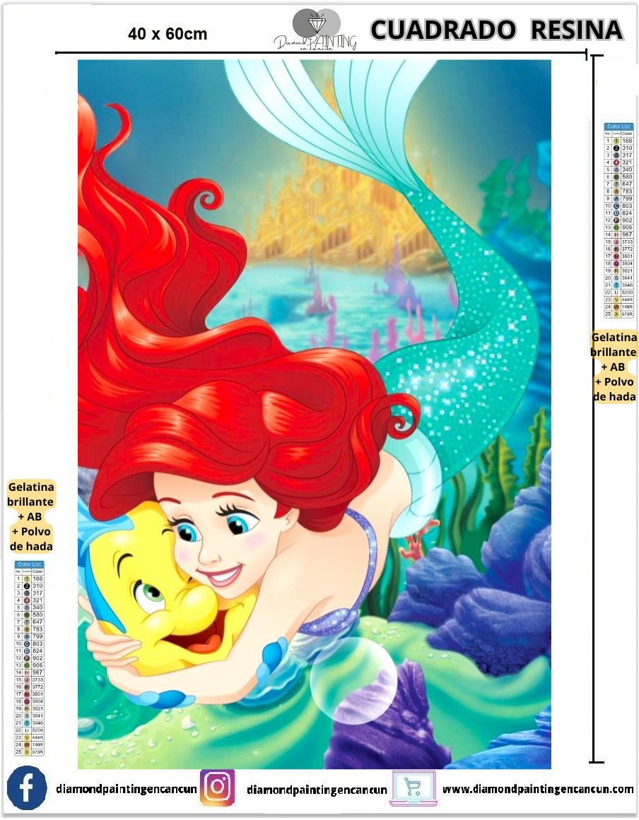 Sirenita 40 x 60 Contiene DIAMANTES DE RESINA: GELATINA BRILLANTE EN LA OSCURIDAD, AB Y POLVO DE HADA