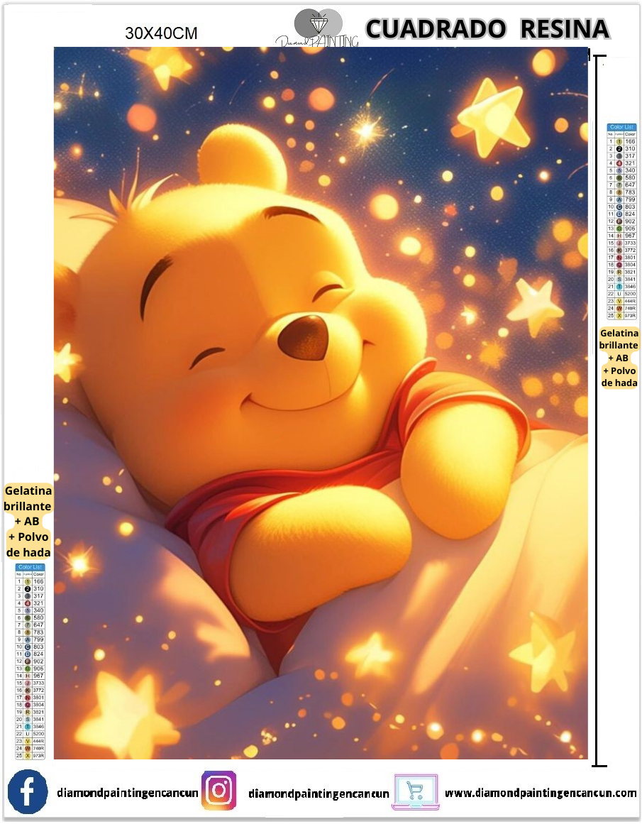 Winnie Pooh 30 x 40 Contiene DIAMANTES DE RESINA: GELATINA BRILLANTE EN LA OSCURIDAD, AB Y POLVO DE HADA