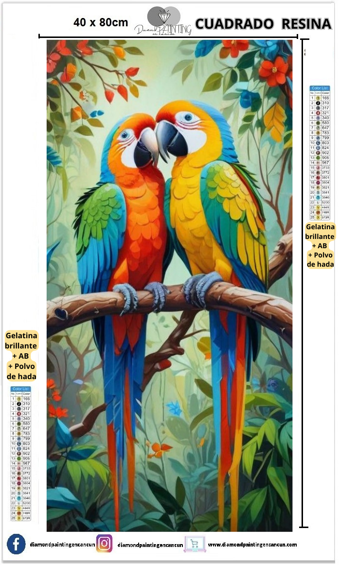 Loros 40 x 80 Contiene DIAMANTES DE RESINA: GELATINA BRILLANTE EN LA OSCURIDAD, AB Y POLVO DE HADA