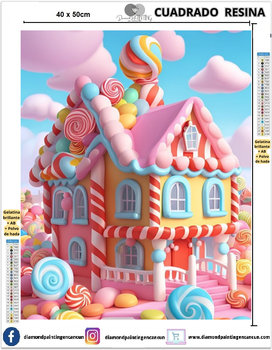 Casita de caramelo 40 x 50 Contiene DIAMANTES DE RESINA: GELATINA BRILLANTE EN LA OSCURIDAD, AB Y POLVO DE HADA