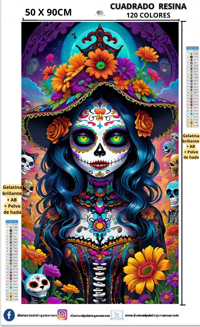 Catrina 50 x 90 Contiene DIAMANTES DE RESINA 120 COLORES: GELATINA BRILLANTE EN LA OSCURIDAD, AB Y POLVO DE HADA