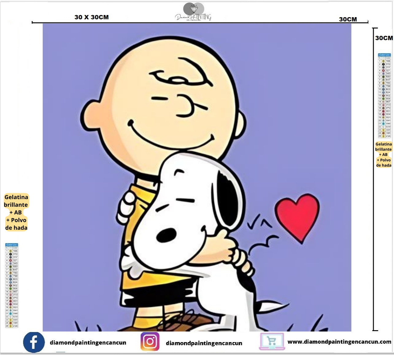 Snoopy 1 20 x 20 contiene DIAMANTE GELATINA BRILLANTE EN LA OSCURIDAD, AB Y POLVO DE HADA