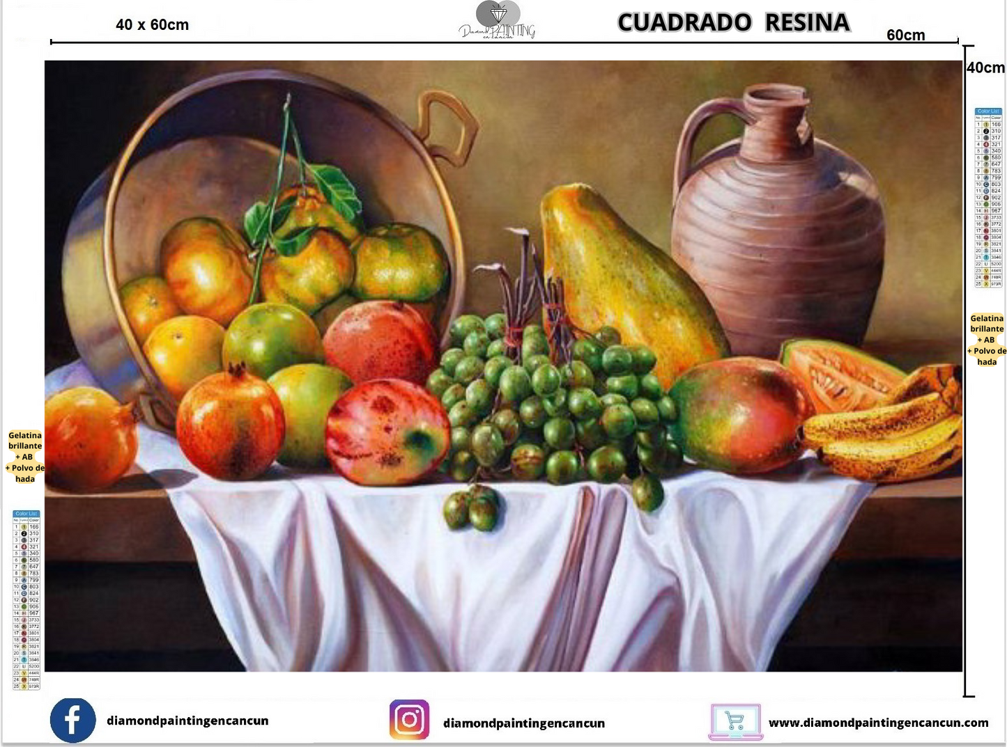 Frutas 40 x 60 Contiene DIAMANTES DE RESINA: GELATINA BRILLANTE EN LA OSCURIDAD, AB Y POLVO DE HADA
