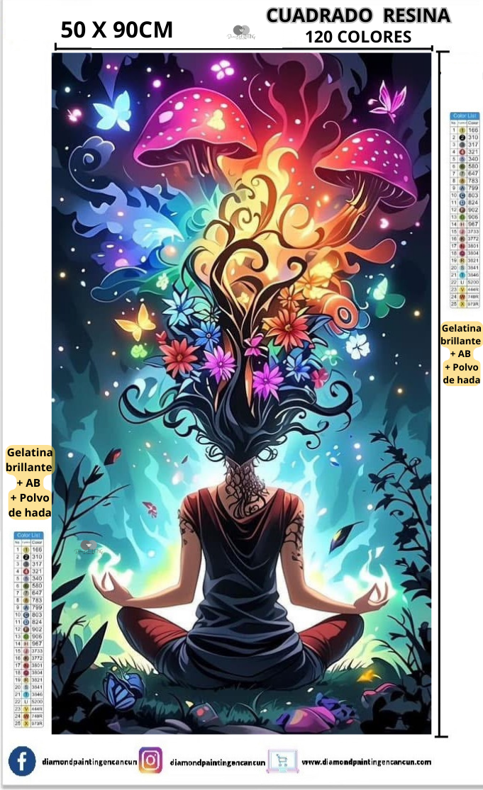 Meditación 50 x 90 Contiene 120 DIAMANTES DE RESINA: GELATINA BRILLANTE EN LA OSCURIDAD, AB Y POLVO DE HADA