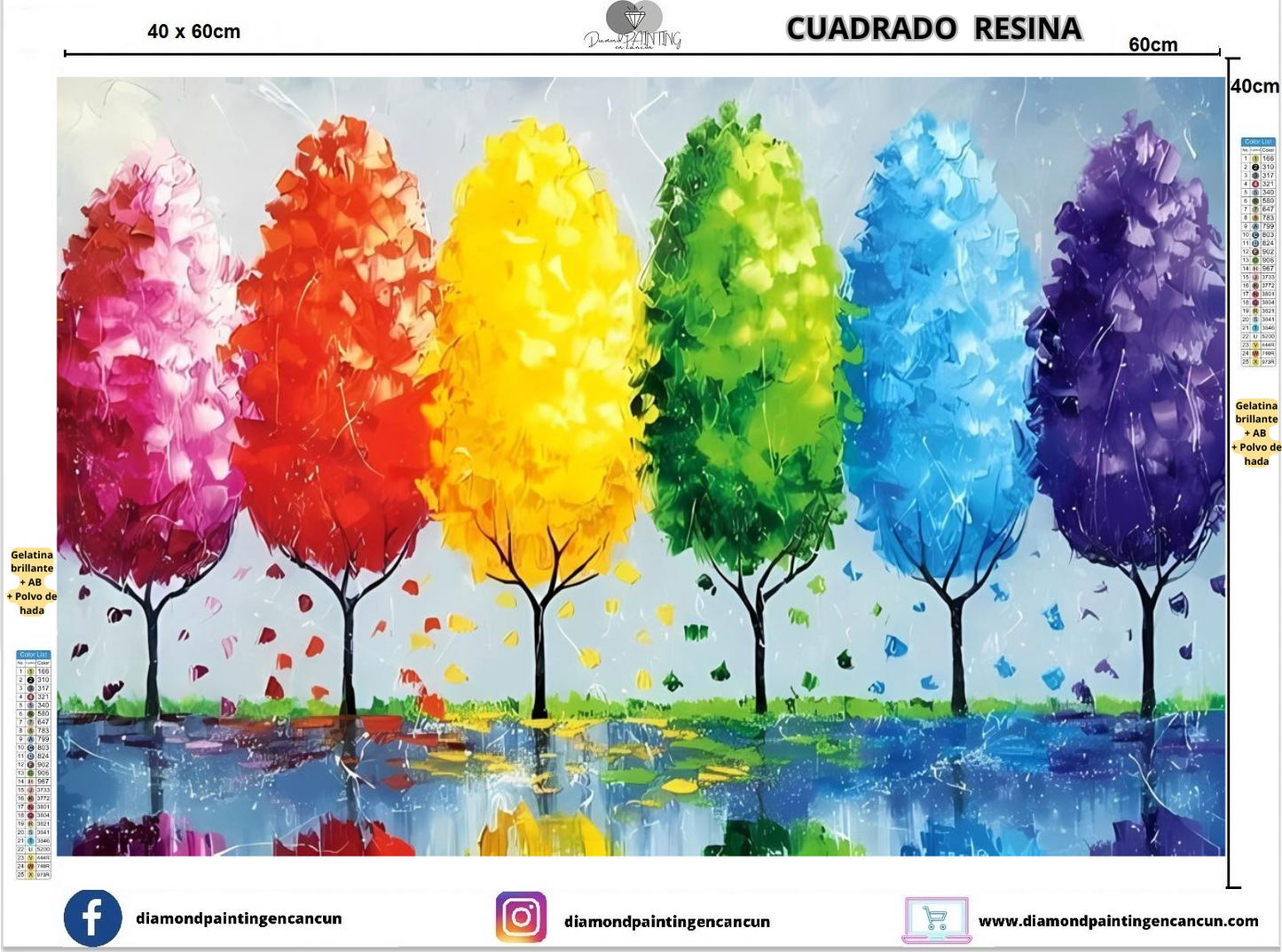 Árboles de colores 40 x 60 Contiene DIAMANTES DE RESINA: GELATINA BRILLANTE EN LA OSCURIDAD, AB Y POLVO DE HADA