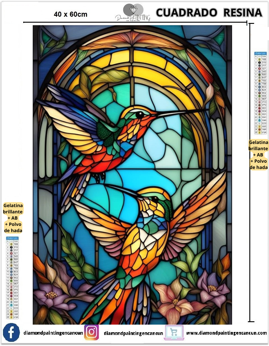 Colibríes 40 x 60 Contiene DIAMANTES DE RESINA: GELATINA BRILLANTE EN LA OSCURIDAD, AB Y POLVO DE HADA