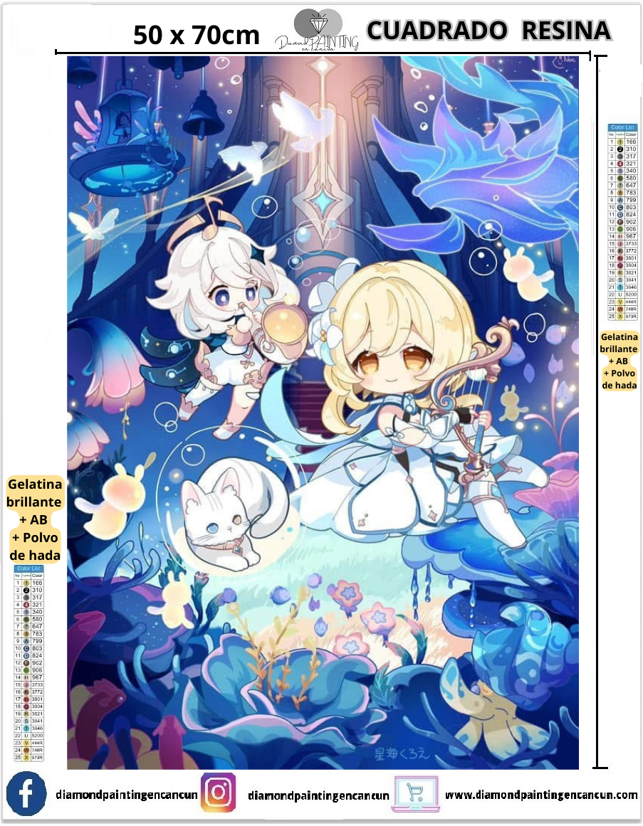 Genshin Impact 50 x 70 Contiene DIAMANTES DE RESINA: GELATINA BRILLANTE EN LA OSCURIDAD, AB Y POLVO DE HADA
