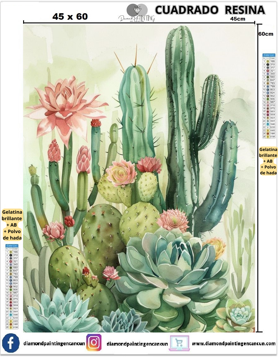 Cactus 45 x 60 Contiene DIAMANTES DE RESINA: GELATINA BRILLANTE EN LA OSCURIDAD, AB Y POLVO DE HADA