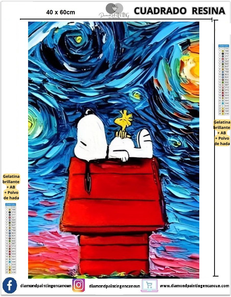 Snoopy noche estrellada 40 x 60 Contiene DIAMANTES DE RESINA: GELATINA BRILLANTE EN LA OSCURIDAD, AB Y POLVO DE HADA